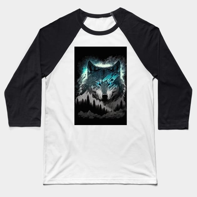 Cool Wolf portrait with teal and grey Baseball T-Shirt by KoolArtDistrict